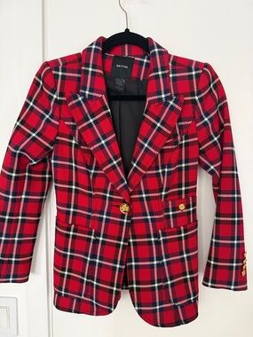 Smythe Red Navy Plaid Blazer with Gold Buttons